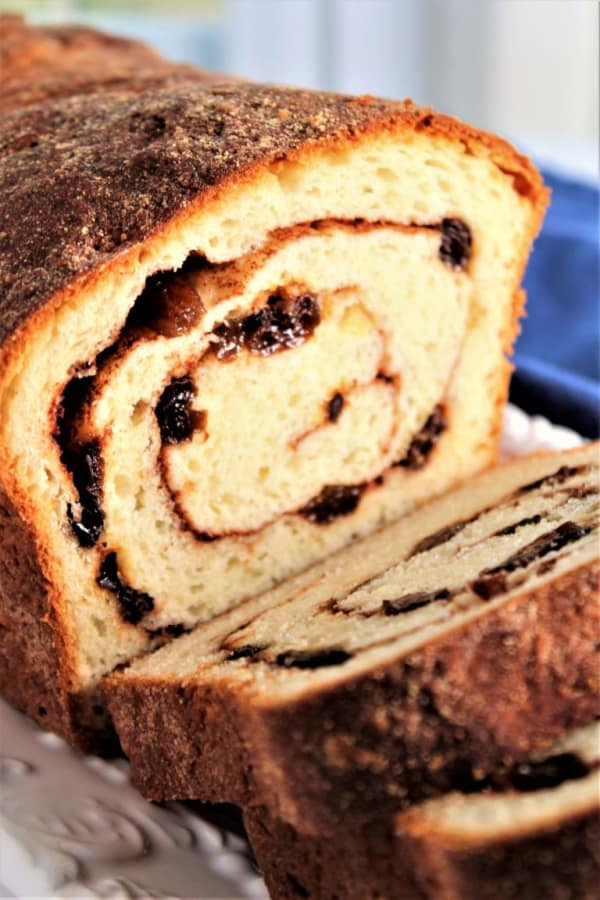 Gluten-Free Cinnamon Raisin Swirl Bread with end pieces sliced.