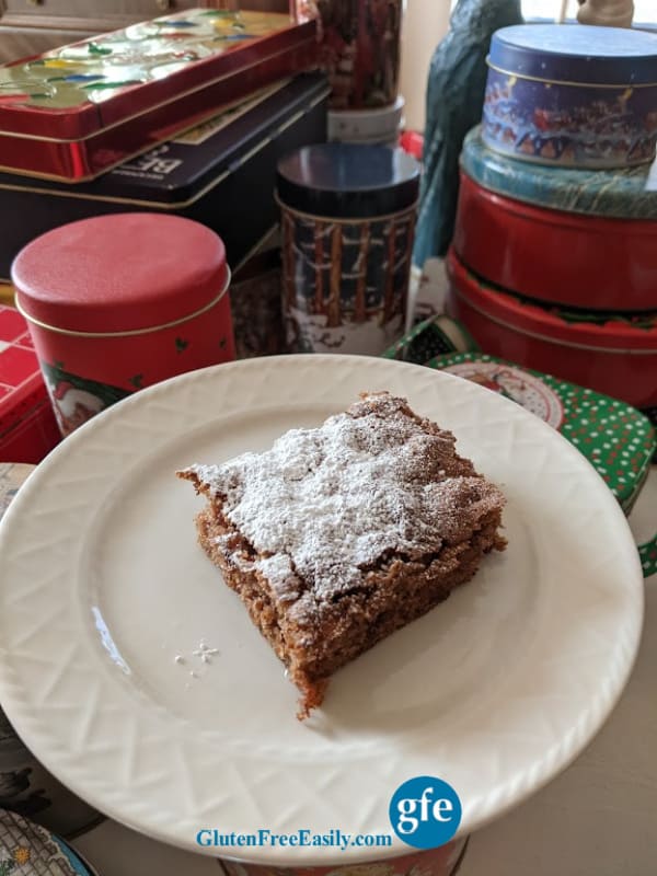 Gluten-Free Apple Cinnamon Cake. Grain free and dairy free, too! And no added fat. Slice sprinkled with powdered sugar on a white plate. From glutenfreeeasily.com.