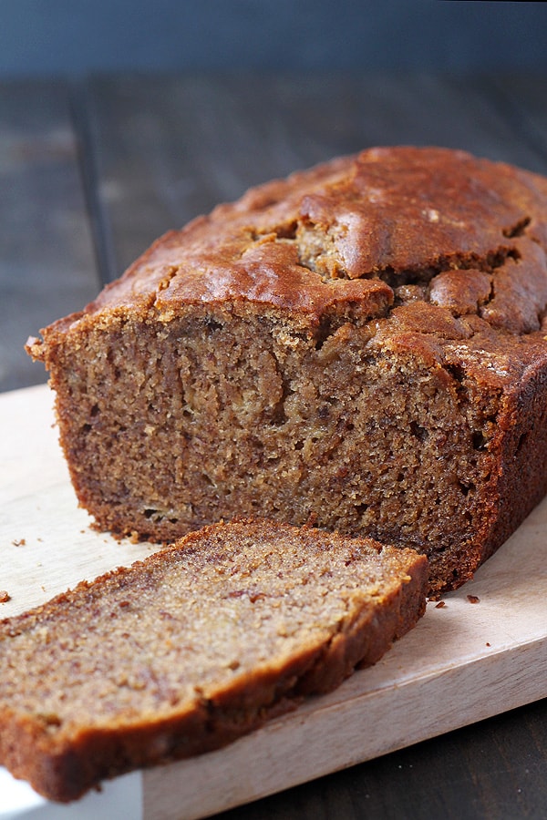 Gluten-Free Dairy-Free Vegan Banana Bread from Tia's Kitchen. End slice cut off and laying down. One the best gluten-free banana bread recipes featured on gfe.