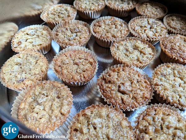 A tin full of gluten-free Pecan Pie Mini Muffins.