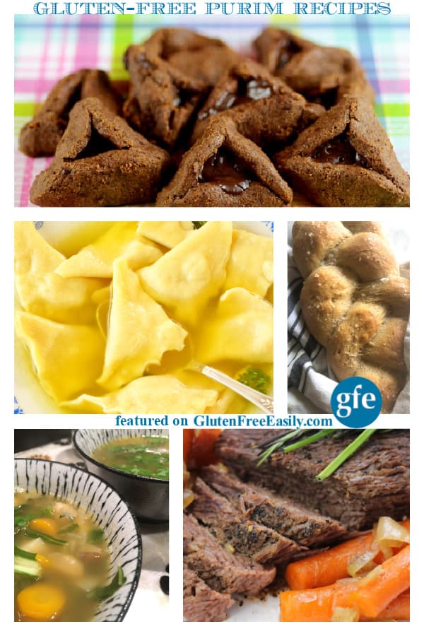A collage of gluten-free Purim recipes including chocolate hamantaschen with chocolate filling, kreplach, braided grain-free challah, beef brisket, and kale and bean soup.