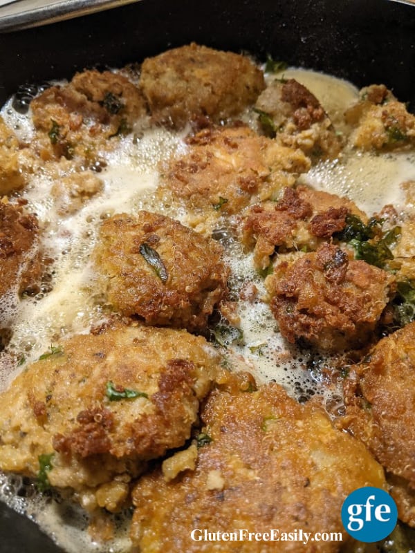 Gluten-Free Quinoa-Crusted Salmon Cakes Frying. From glutenfreeeasily.com.