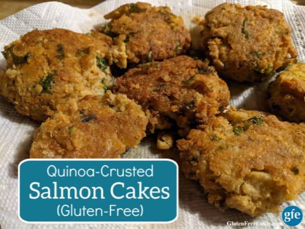 Six quinoa-crusted Salmon Cakes (a meal in a cake) on a paper-towel lined plate. Shared on glutenfreeasily.com.