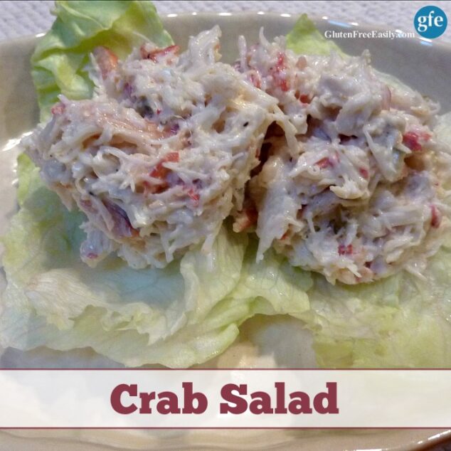 Gluten-Free Crab Salad with Old Bay seasoning. Two scoops on Iceberg lettuce leaves!