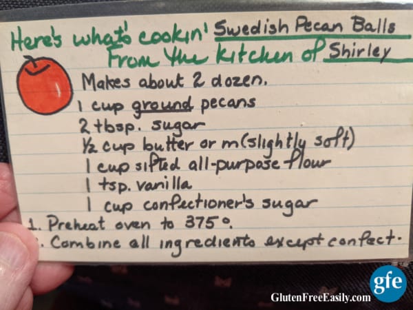 Original recipe card with gluten-full Swedish Pecan Balls Cookies.