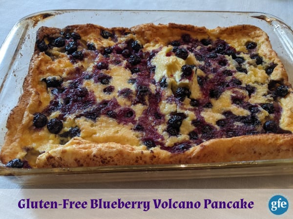 Gluten-Free Blueberry Volcano Pancake right out of the oven. So delicious! Some of you may call this a Dutch baby, puff pancake, Yorkshire pudding, or another name.