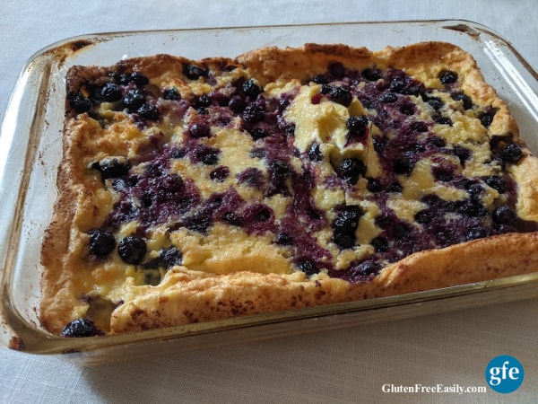 Gluten-Free Blueberry Volcano Pancake a few minutes after coming out of the oven. So delicious! Some of you may call this a Dutch baby, puff pancake, Yorkshire pudding, or another name.