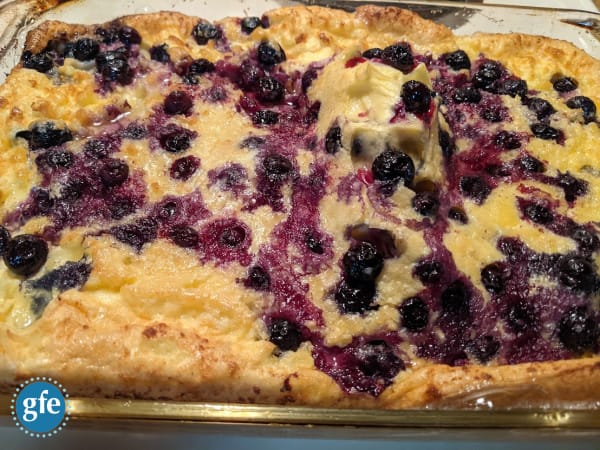 Close-up of Gluten-Free Blueberry Volcano Pancake right out of the oven.