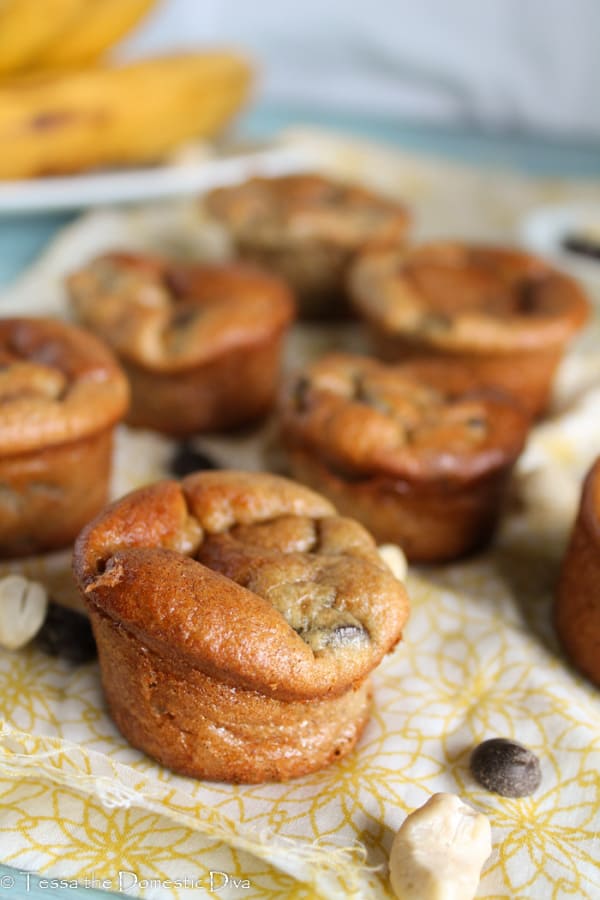 5-Minute Paleo Muffins with Bananas and Chocolate Chips. Mini muffins from Tessa, the Domestic Diva.