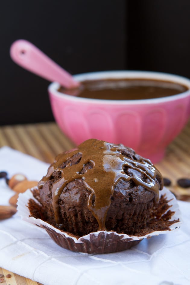 Gluten-Free Flaxseed Fudge Muffins topped with Leanne's Espresso Fudge Protein Almond Butter.
