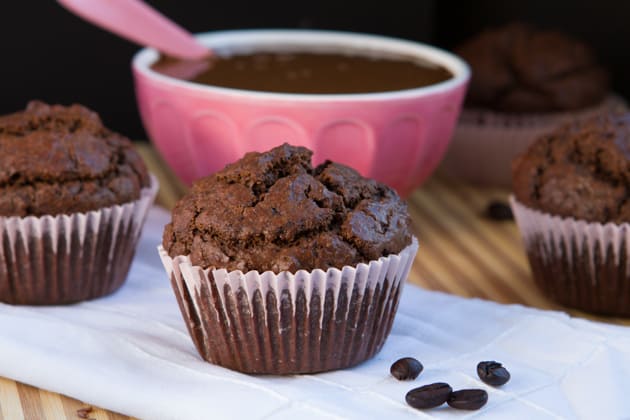 Gluten-Free Flaxseed Fudge Muffins with Keto and Paleo options. Flourless, grain-free treats. Muffins beside pink mixing bowl full of espresso nut butter.