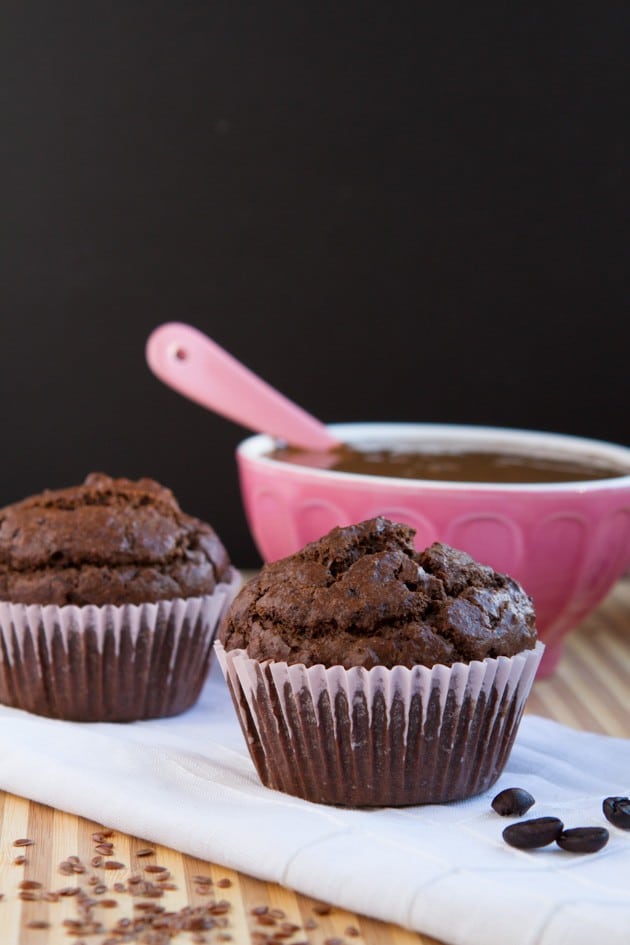 Gluten-Free Flaxseed Fudge Muffins by pink mixing bowl.