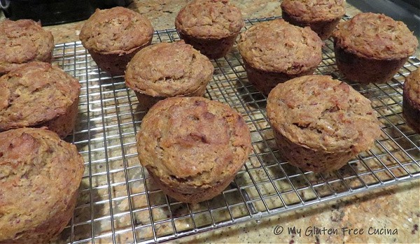 Gluten-Free Banana Date Muffins cooling on wire rack. Recipe from My Gluten-Free Cucina.