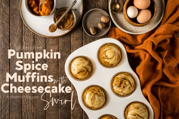 Gluten-Free Pumpkin Cheesecake Muffins with Cheesecake Swirl.