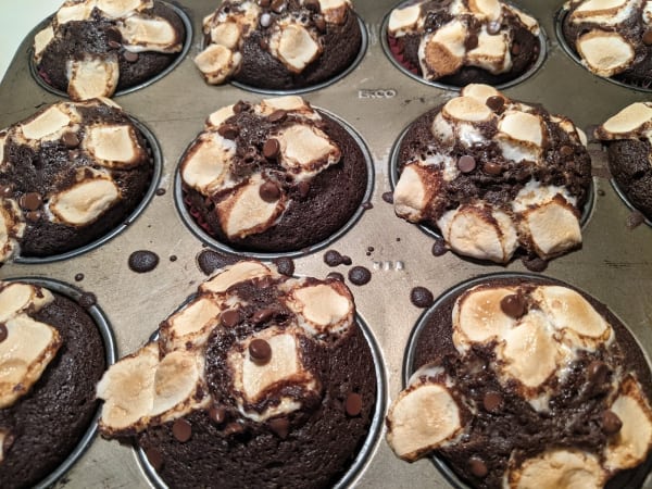 Gluten-Free Gimme S'more Muffins still in muffin tin right out of the oven.