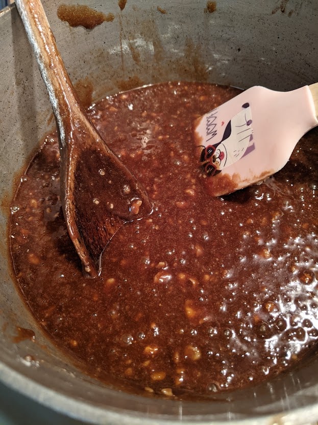 Gluten-Free Katharine Hepburn Brownie batter in pot. Ready to spread in baking dish and put in the oven.