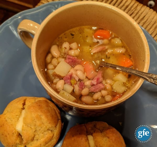 Gluten-Free White Bean and Ham Soup with two almond flour dinner rolls.