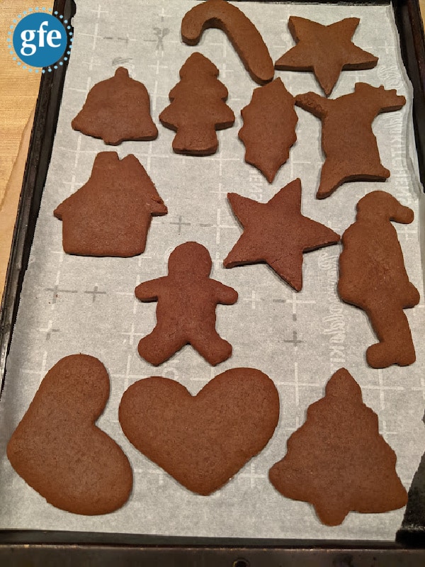 Gluten-Free Chocolate Gingerbread Cookies on Baking Sheet Right Out of the Oven. 