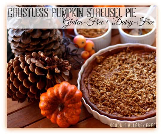 Crustless Gluten-Free Pumpkin Streusel Pie in Pie Plate plus two shown in ramekins with mini pumpkins and pine cones on the side.