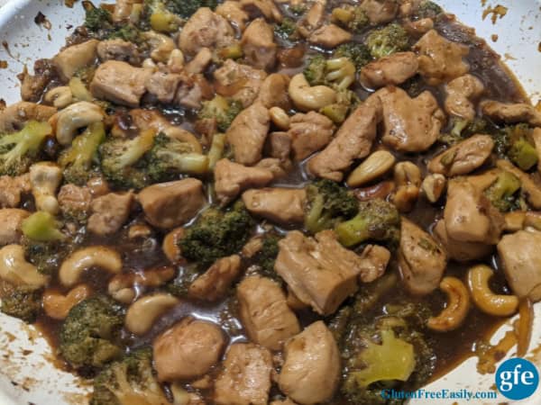 Gluten-Free Cashew Chicken with Broccoli. With only a single change required to make this recipe gluten free, it's just like you remember. Shown here ready to eat in a ceramic non-stick Greenpan Skillet.